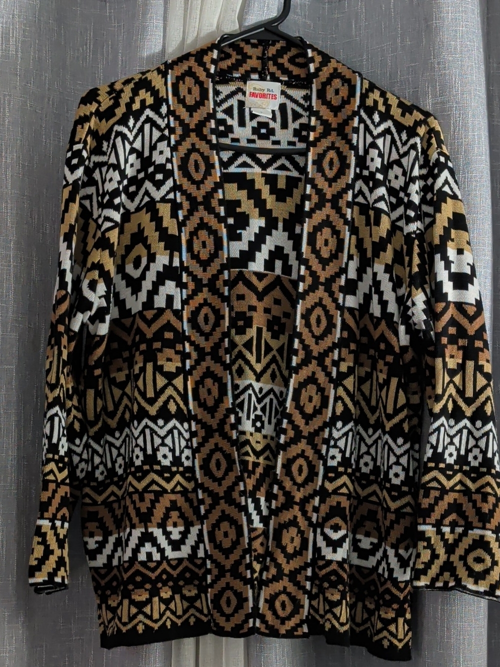 Ruby Rd. Favorites Women's L Geometric Open-Front Cardigan - BlackBrownWhite